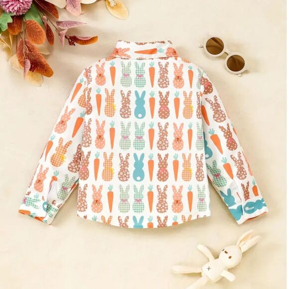 Easter Bunnies/Carrot Print Button Down Collared Dress Shirt 4-5 Yr Or 7-8 Yrs. - Picture 2 of 6